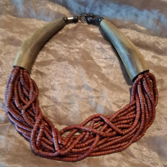 Vintage 12 Strand Brown Wooden Necklace with Horn Ends - Picture 1 of 5